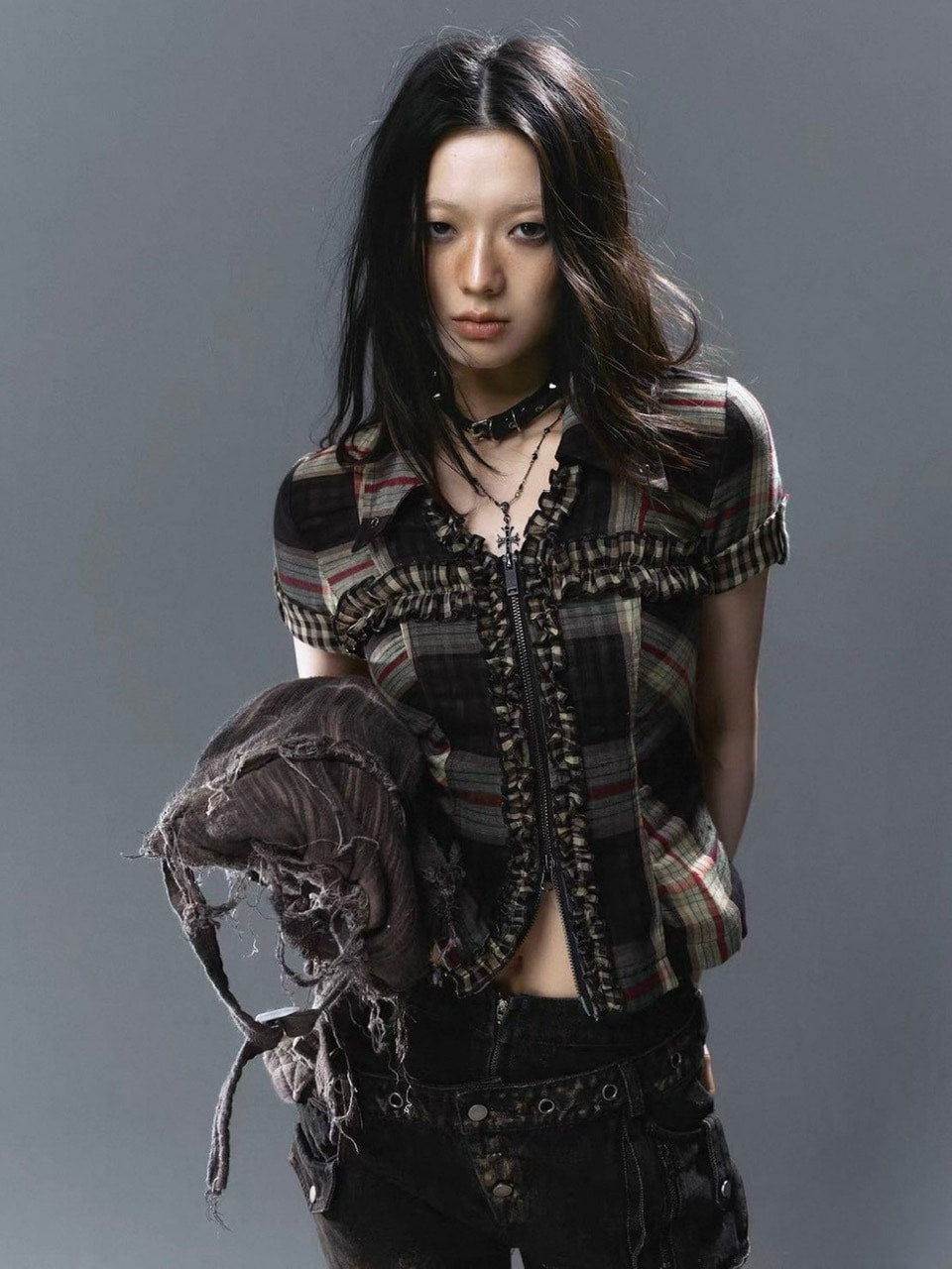 【Cest Nous】Lace Trim Plaid Shirt / 【セヌー】レースフリルチェックブラウス