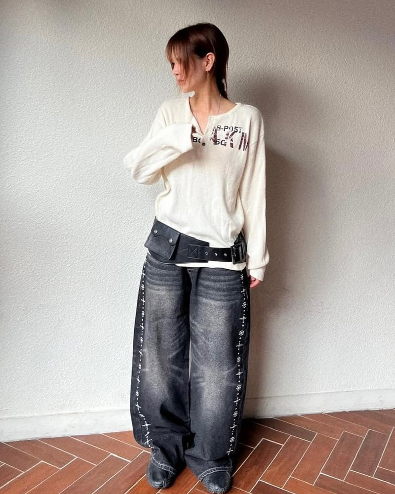 【AAKAM】Side Rhinestone Denim Pants