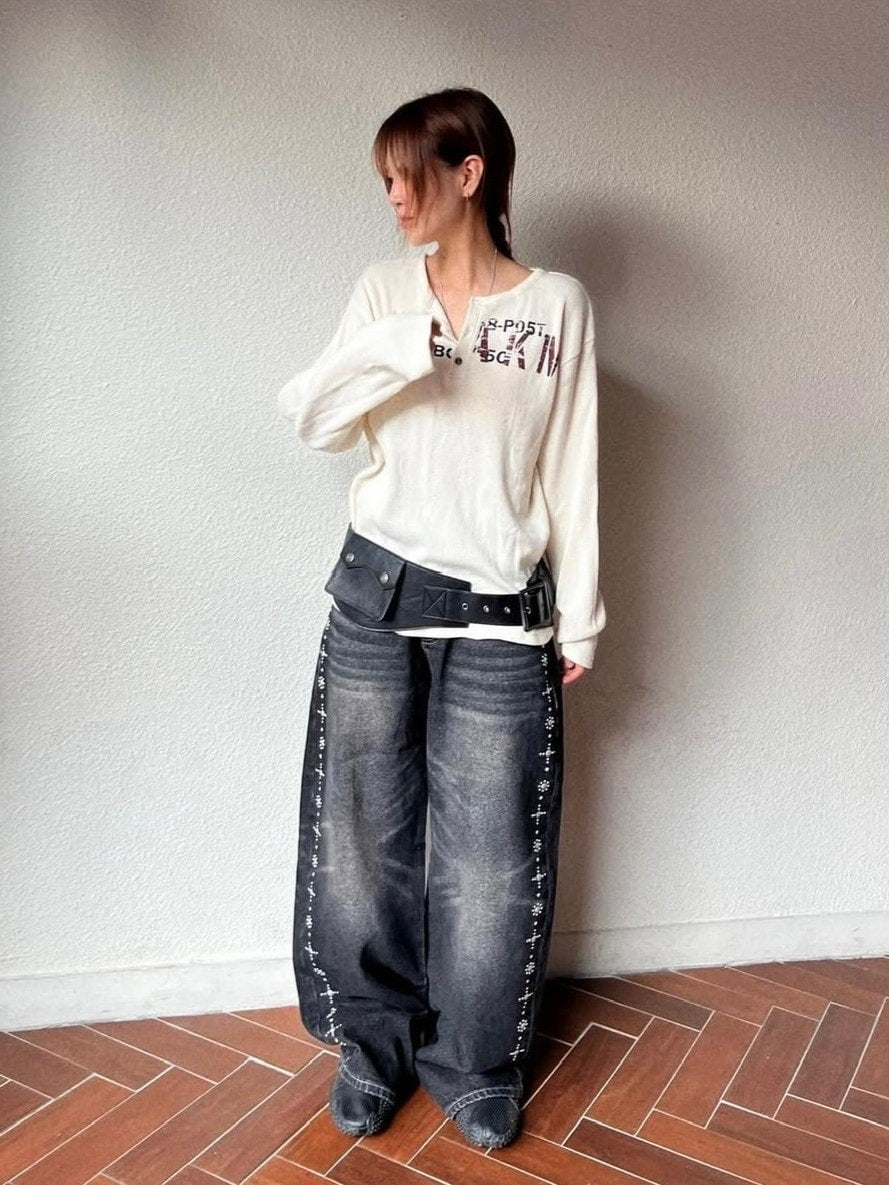 【AAKAM】Side Rhinestone Denim Pants