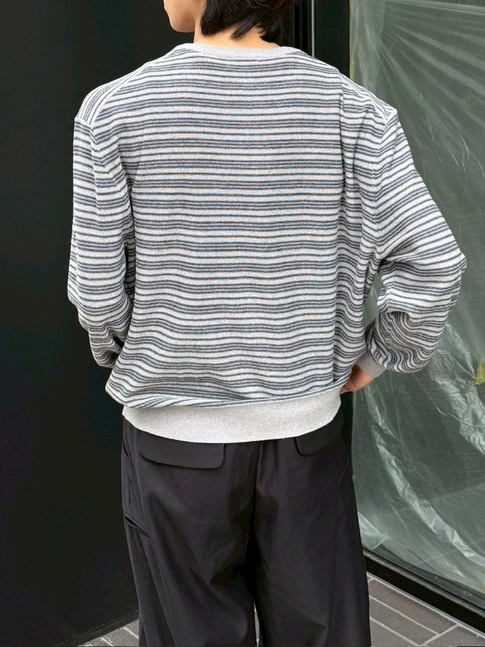 受注制【Chikashitsu +】cropped henry neck border knit / 【チカシツプラス】クロップドヘンリーネックボーダーニット (3color)