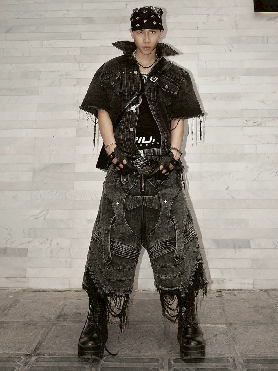 1/2 20:00再販【RICH】Knight Wide Waxed Short Pants/ 【リッチ】デザインデニムダメージハーフパンツ