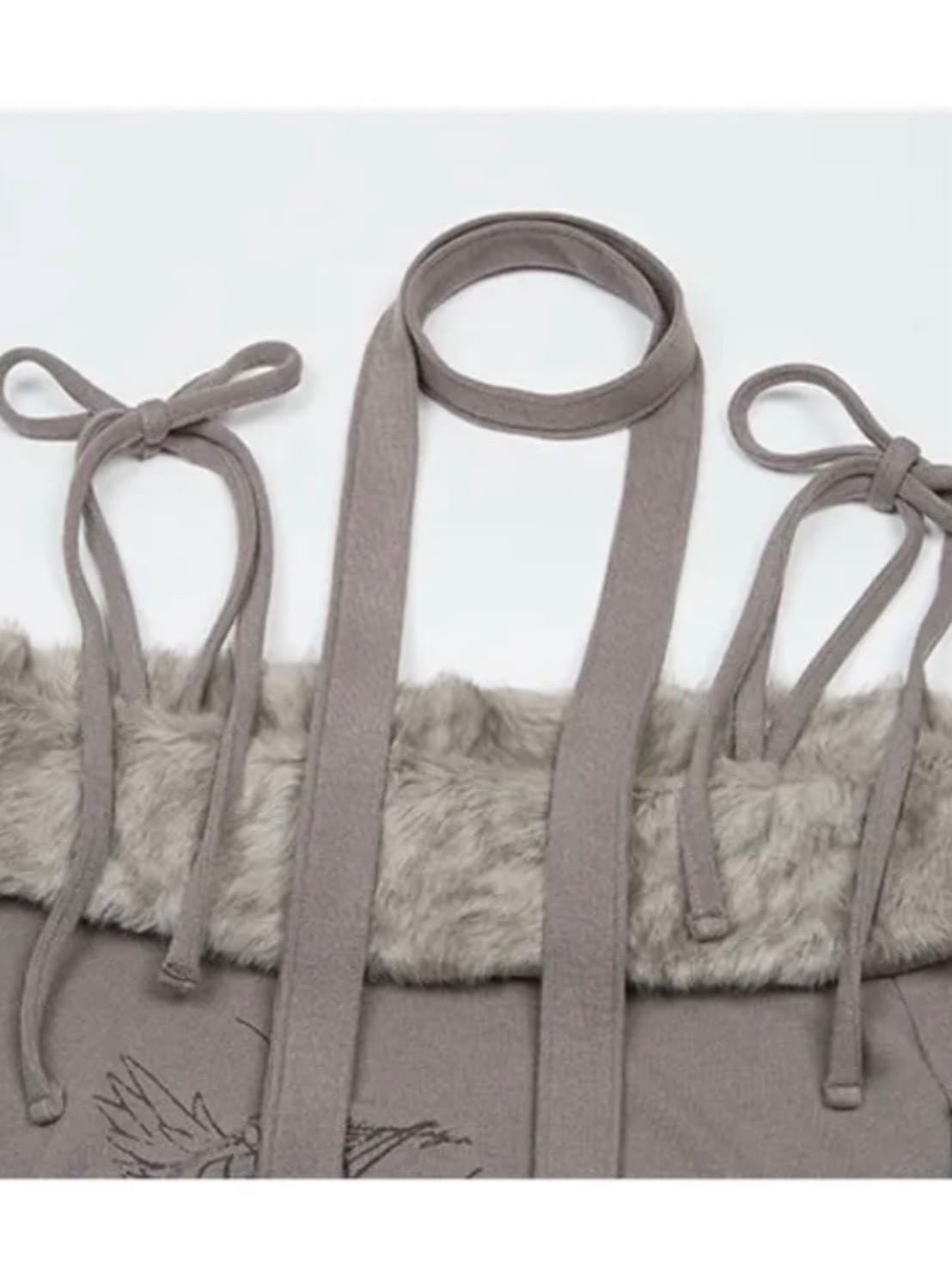 【NOT KNOWING】Fur Off Shoulder Lace Up Top