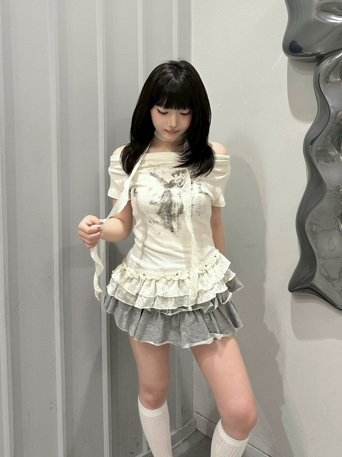 受注制【nmtc+】Drape Neck Frill Tee Scarf Set (3color)