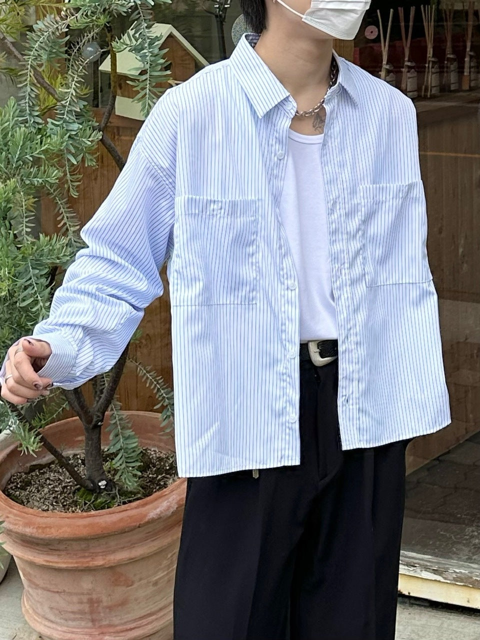 大阪店WEB限定受注制【Chikashitsu +】cropped stripe shirts (2color