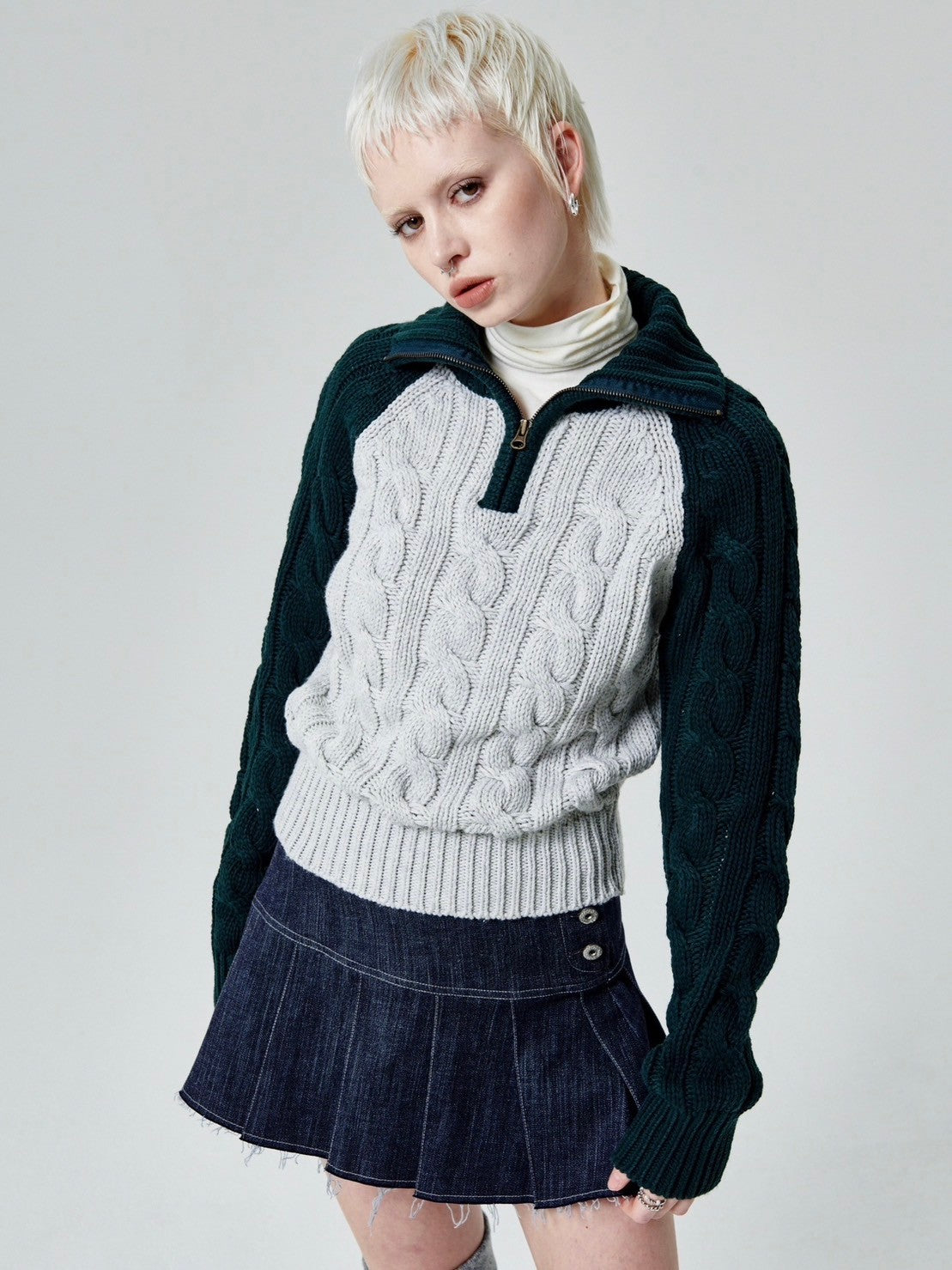 【runningHIGH】COLOR BLOCK TURTLENECK ZIP UP KNIT PULLOVER