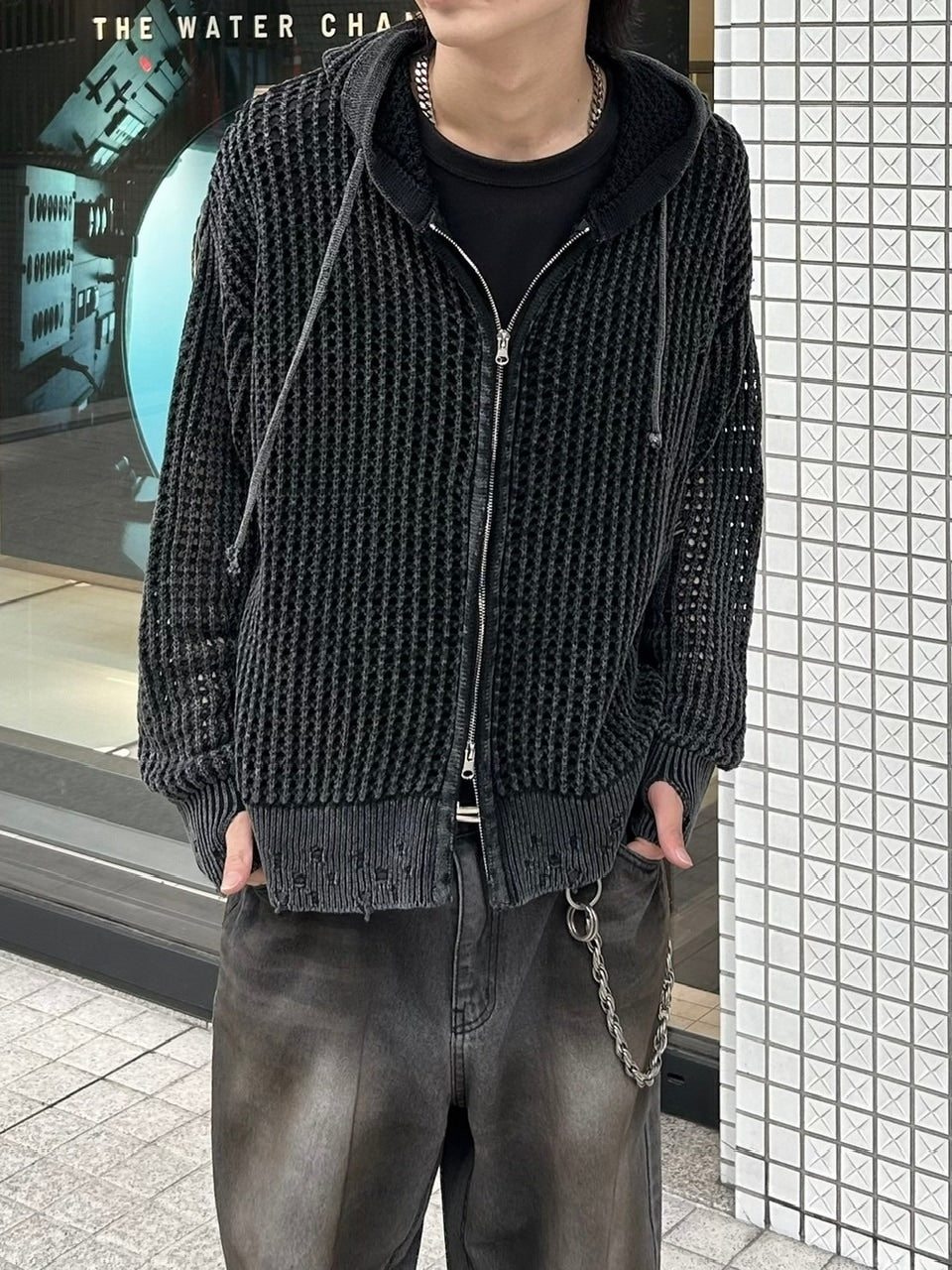 大阪店WEB限定受注制【Chikashitsu +】mesh zip damage hoodie (2color) / 【チカシツプラス】メッシュダメージジップアップ長袖パーカー