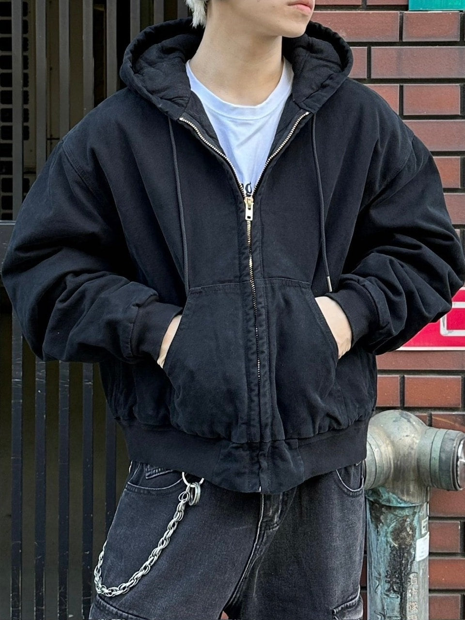 受注制【Chikashitsu +】cropped hooded work blouson (2color) / 【チカシツプラス】クロップドフードジップアップパーカーワーク長袖ブルゾン