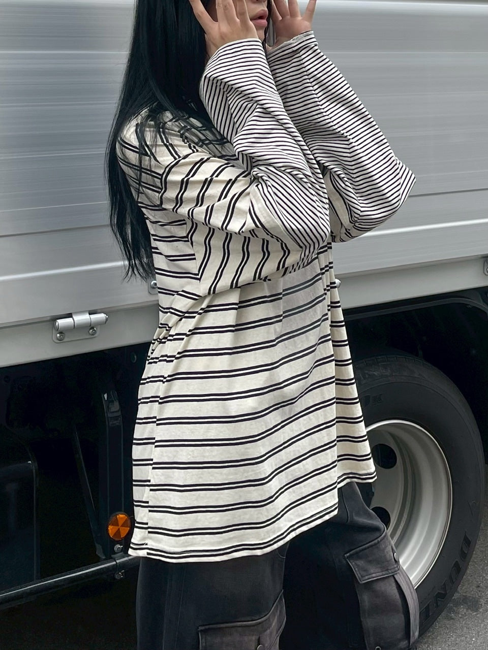 【Chikashitsu +】oversized layered border washed long sleeve / 【チカシツプラス】オーバーサイズウォッシュドレイヤードボーダー長袖Tシャツ(2color)