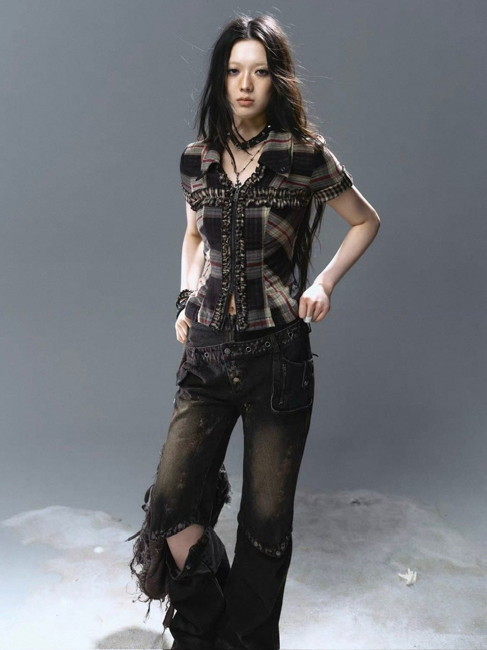 【Cest Nous】Lace Trim Plaid Shirt / 【セヌー】レースフリルチェックブラウス