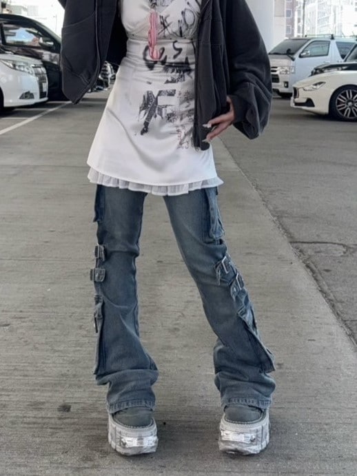 【NMTXU】flare cargo denim pants / 【エヌエムティーエックスユー】ウォッシュドフレアカーゴデニムパンツ