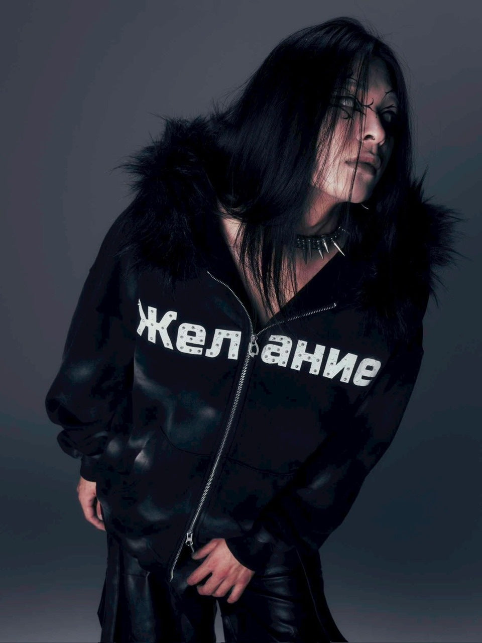 【DIG YOUR OWN GRAVE】Желание FUR HOODIE /【ディグユアオウングレイブ】ファーフードフードジェラーニエロゴジップアップパーカー