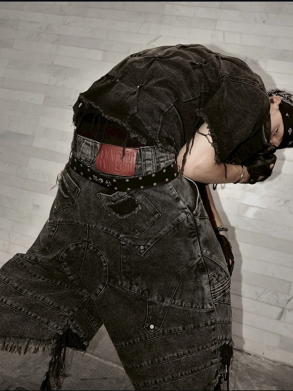 1/2 20:00再販【RICH】Knight Wide Waxed Short Pants/ 【リッチ】デザインデニムダメージハーフパンツ