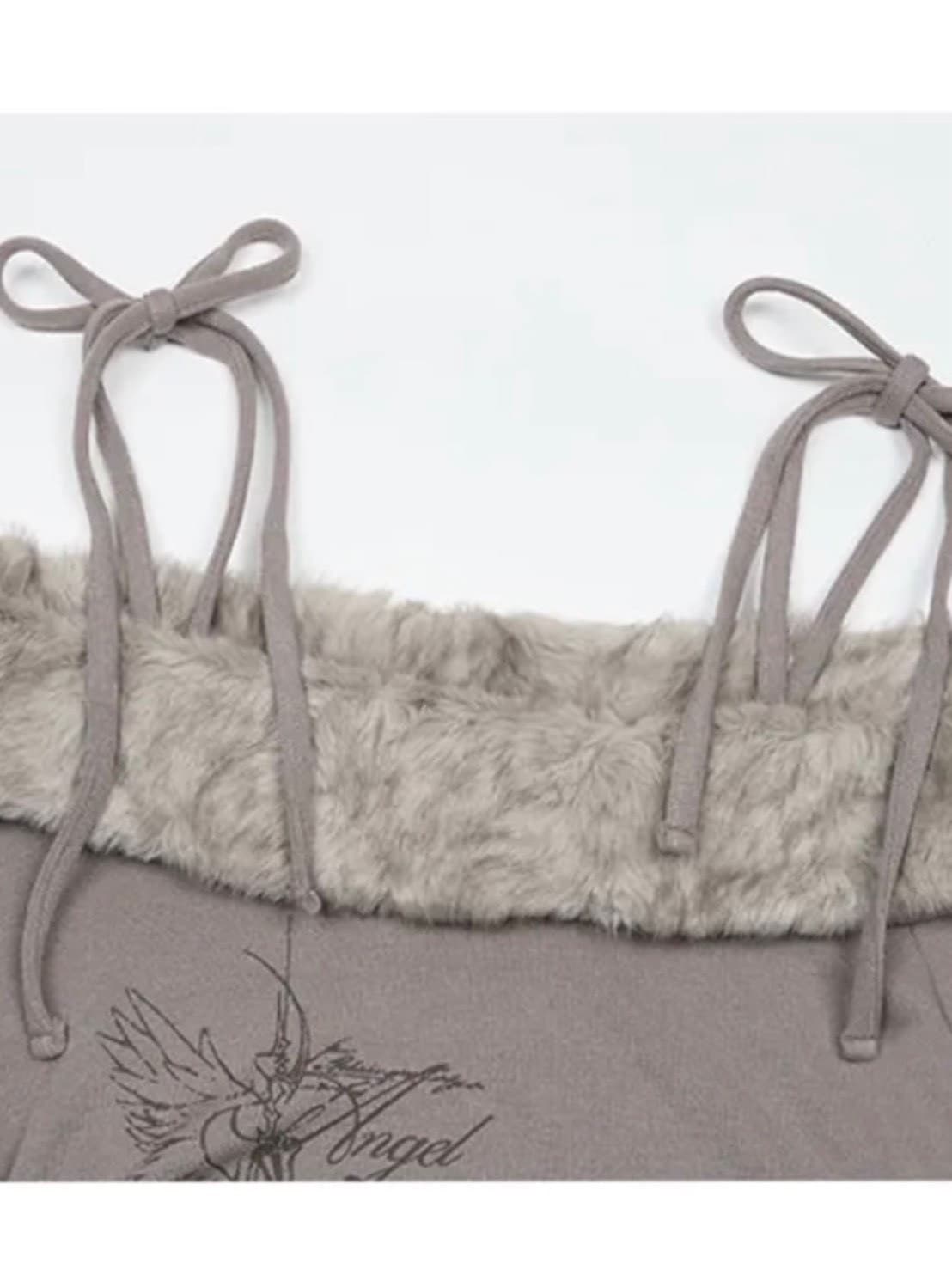 【NOT KNOWING】Fur Off Shoulder Lace Up Top