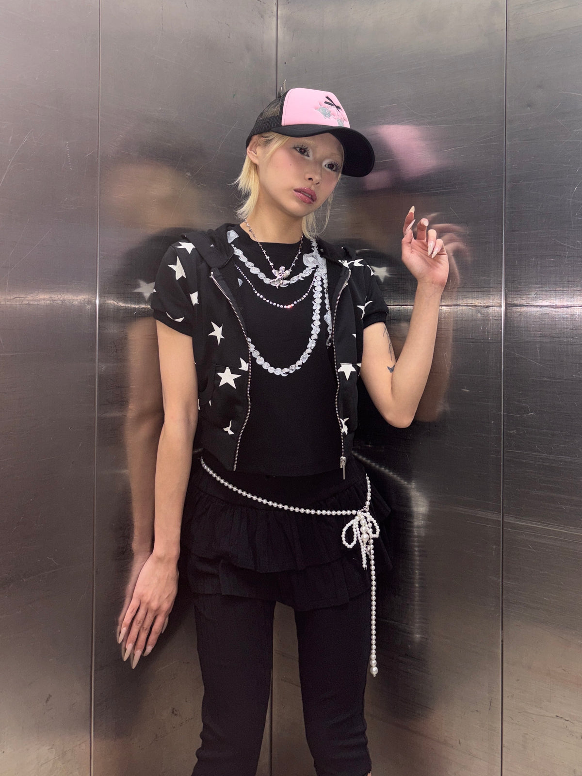 国際配送【Never mind the XU】star short sleeve zip-up hoodie