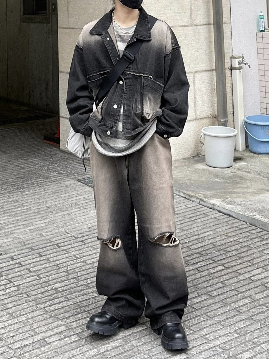 受注制【Chikashitsu +】vintage wash damage denim pants (2color)