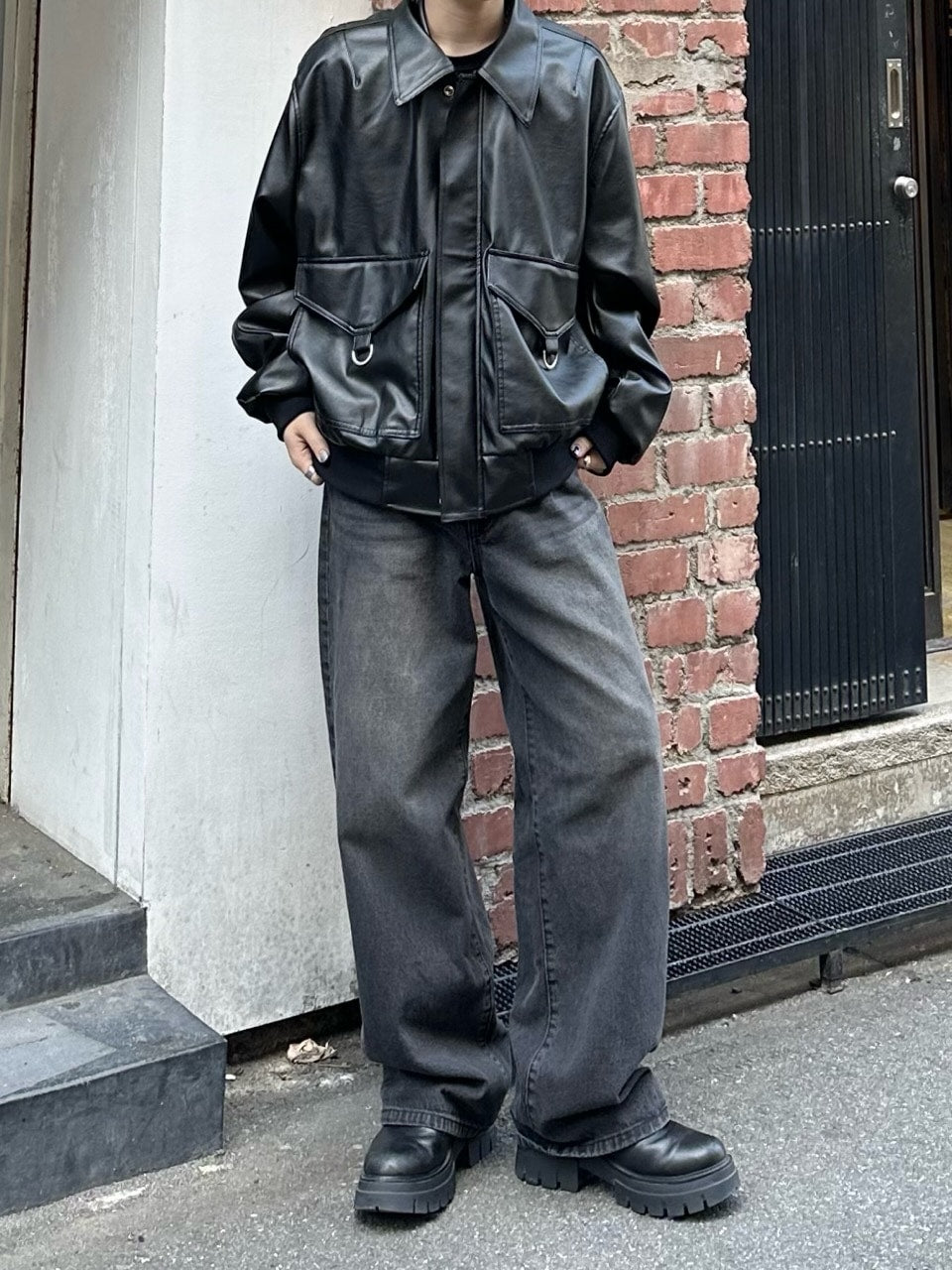 大阪店WEB限定【Chikashitsu +】double pocket leather jumper (3color)
