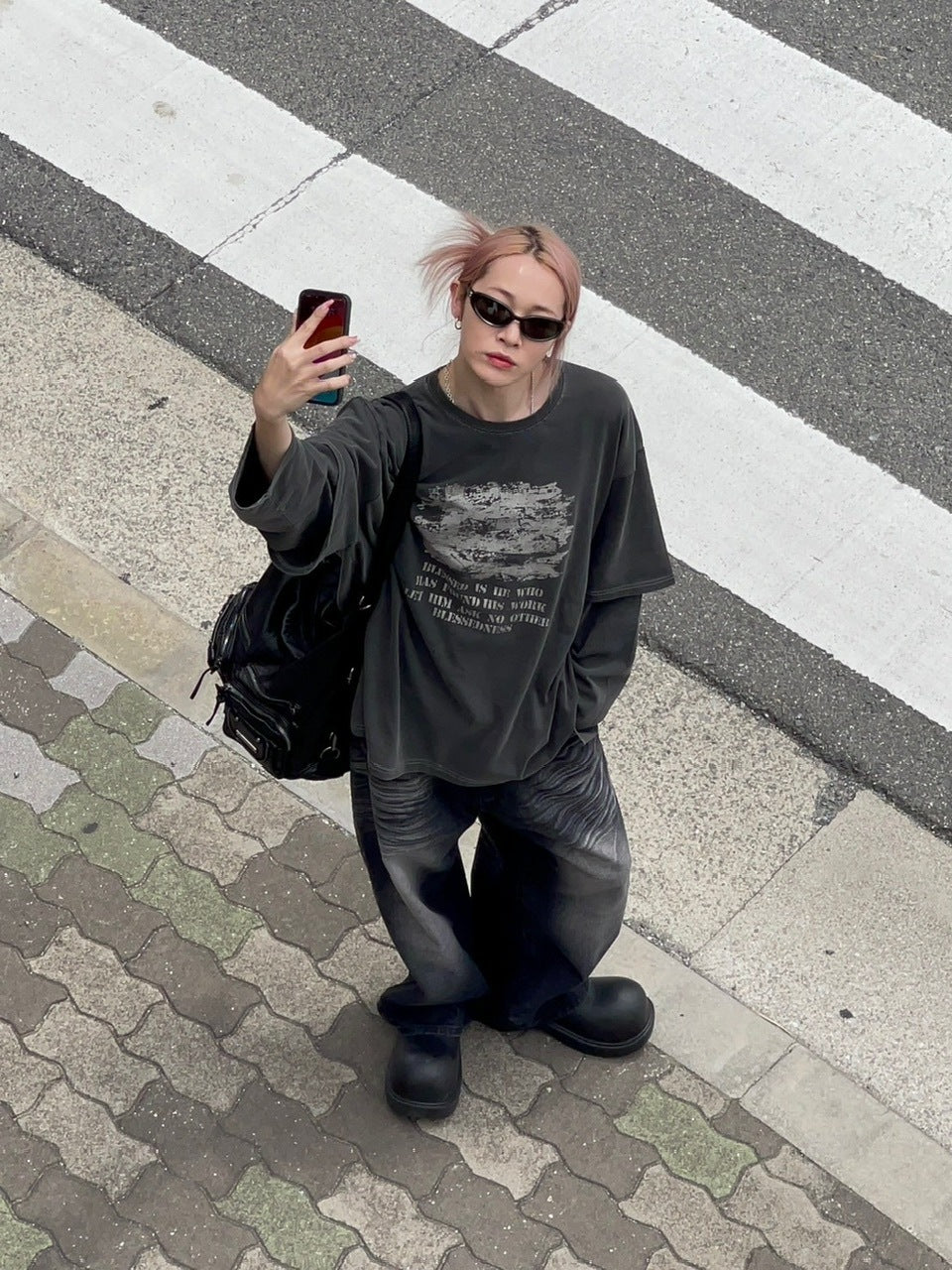 【Chikashitsu +】layered graphic long sleeve (2color) / 【チカシツプラス】レイヤードグラフィックプリント長袖Tシャツ