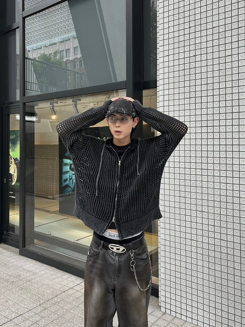 大阪店WEB限定受注制【Chikashitsu +】mesh zip damage hoodie (2color) / 【チカシツプラス】メッシュダメージジップアップ長袖パーカー