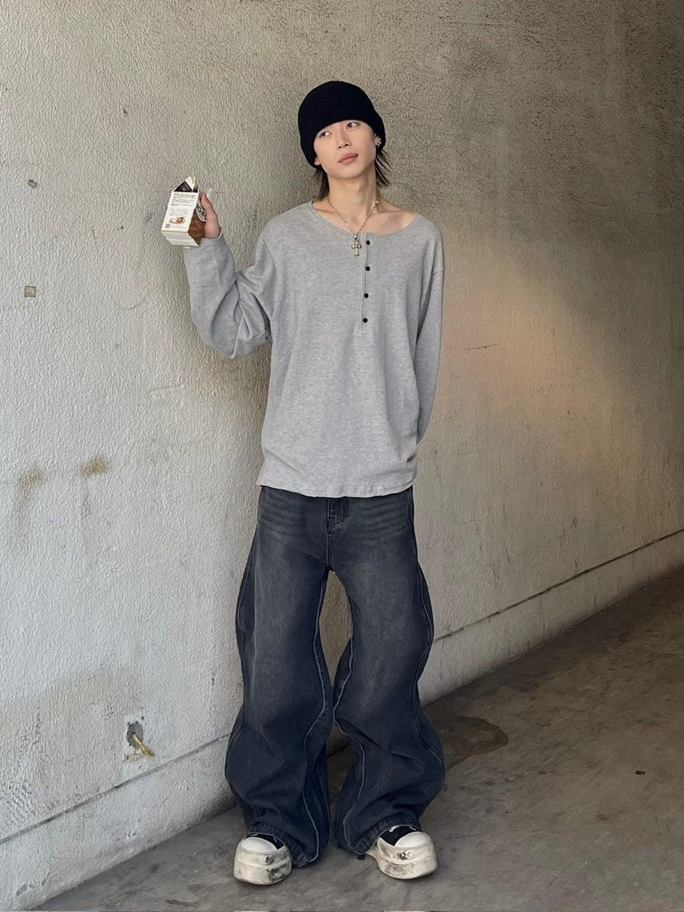 【Chikashitsu +】side wave design denim pants (BLACK)