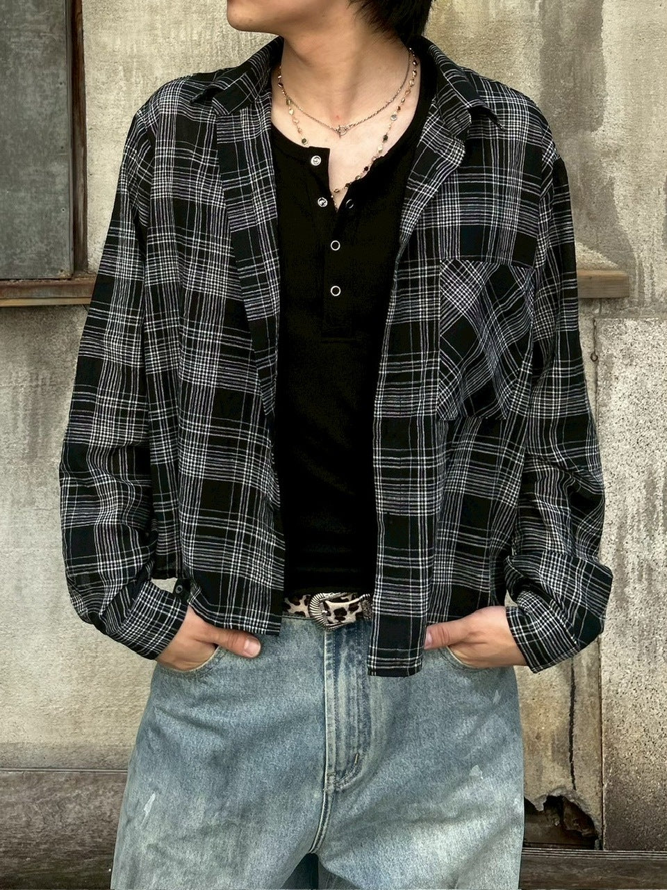 受注制【Chikashitsu +】cropped linen check shirt (3color