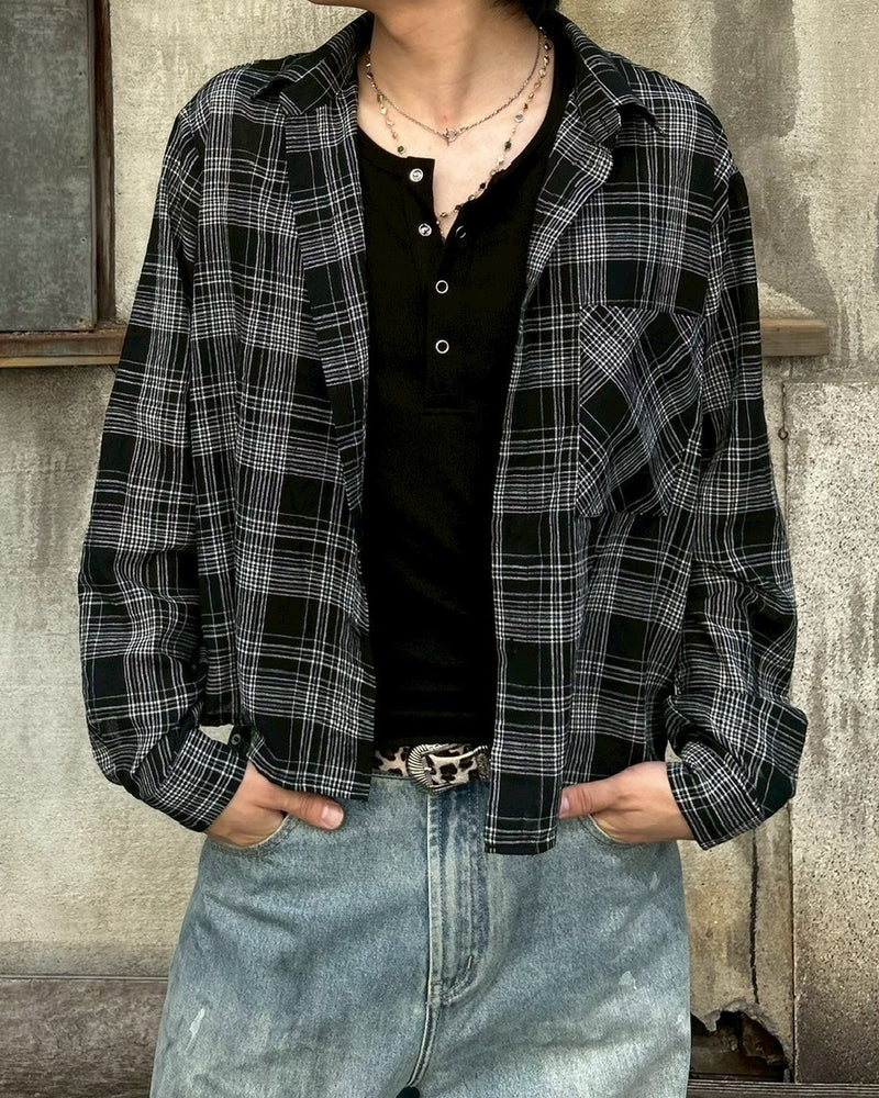 受注制【Chikashitsu +】cropped linen check shirt (3color) / 【チカシツプラス】クロップドリネンチェック長袖シャツ