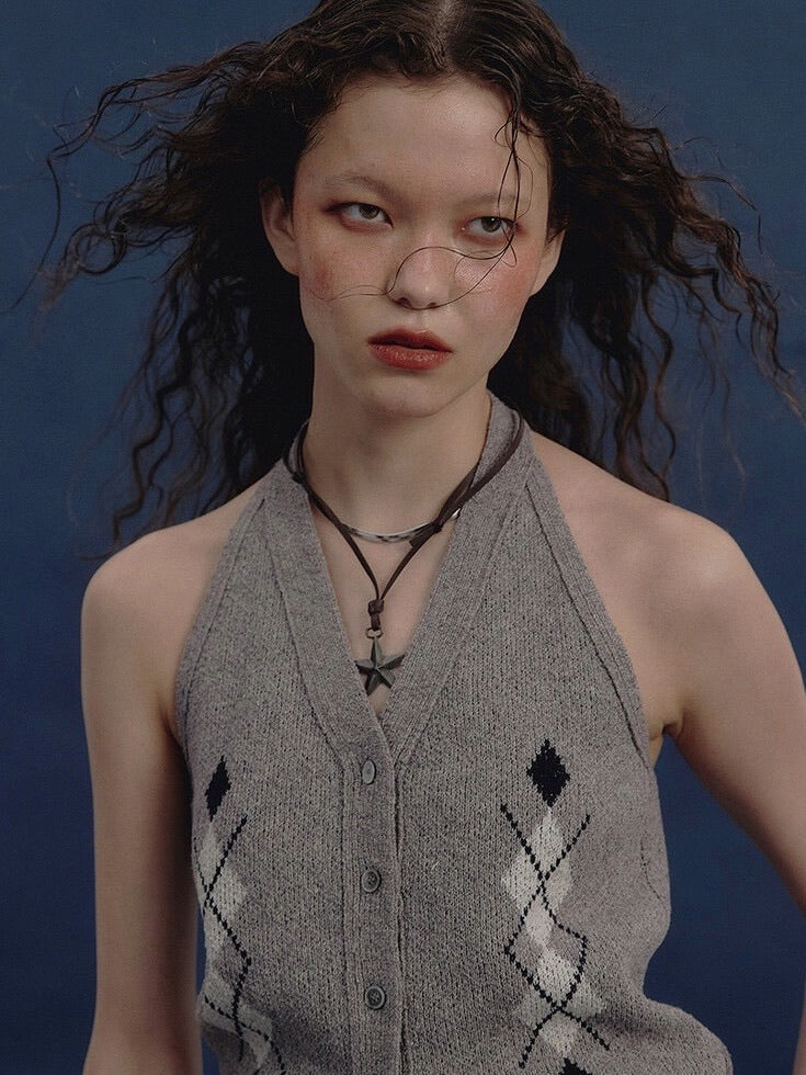【NOT KNOWING】Argyle Linen Knit Halter Top / 【ノットノーイング】アーガイルリネンニットホルターベスト