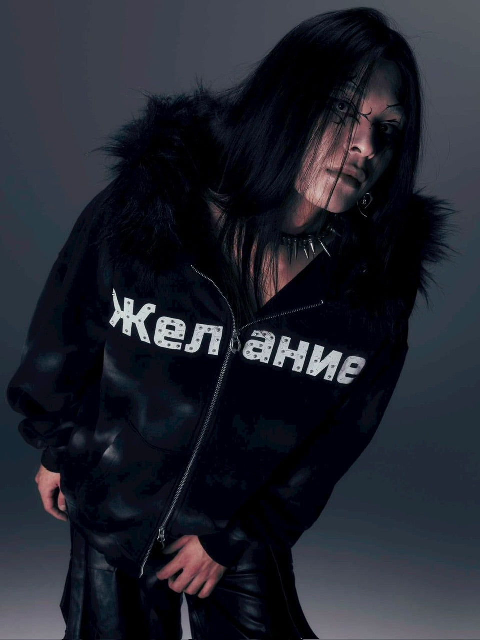【DIG YOUR OWN GRAVE】Желание FUR HOODIE /【ディグユアオウングレイブ】ファーフードフードジェラーニエロゴジップアップパーカー