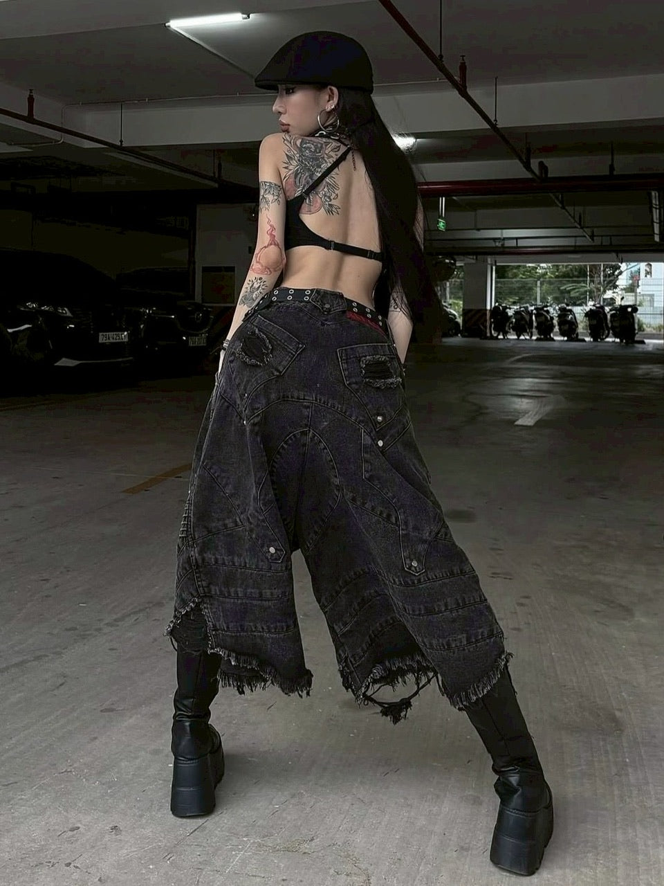 1/2 20:00再販【RICH】Knight Wide Waxed Short Pants/ 【リッチ】デザインデニムダメージハーフパンツ