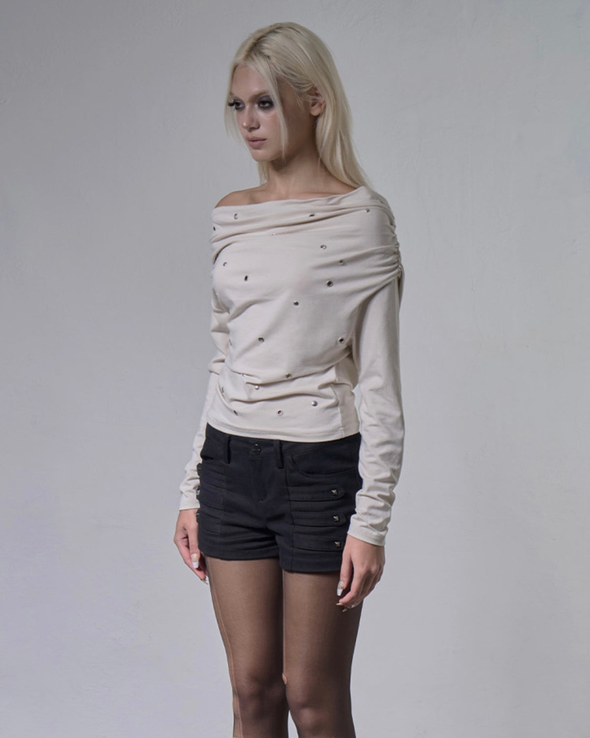 【FANCY CLUB】EYELET COWL ONE-SHOULDER TOP