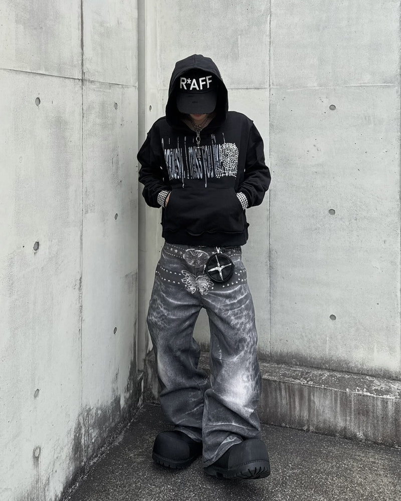 国際配送【Never mind the XU】belt print wide curved denim Pants