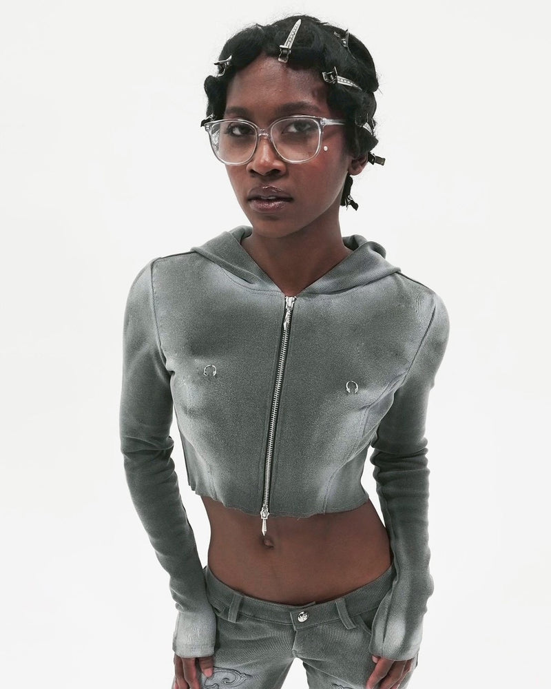 【E RIN AI E】PIERCED RUST CROP HOODIE ZIP UP