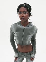 【E RIN AI E】PIERCED RUST CROP HOODIE ZIP UP