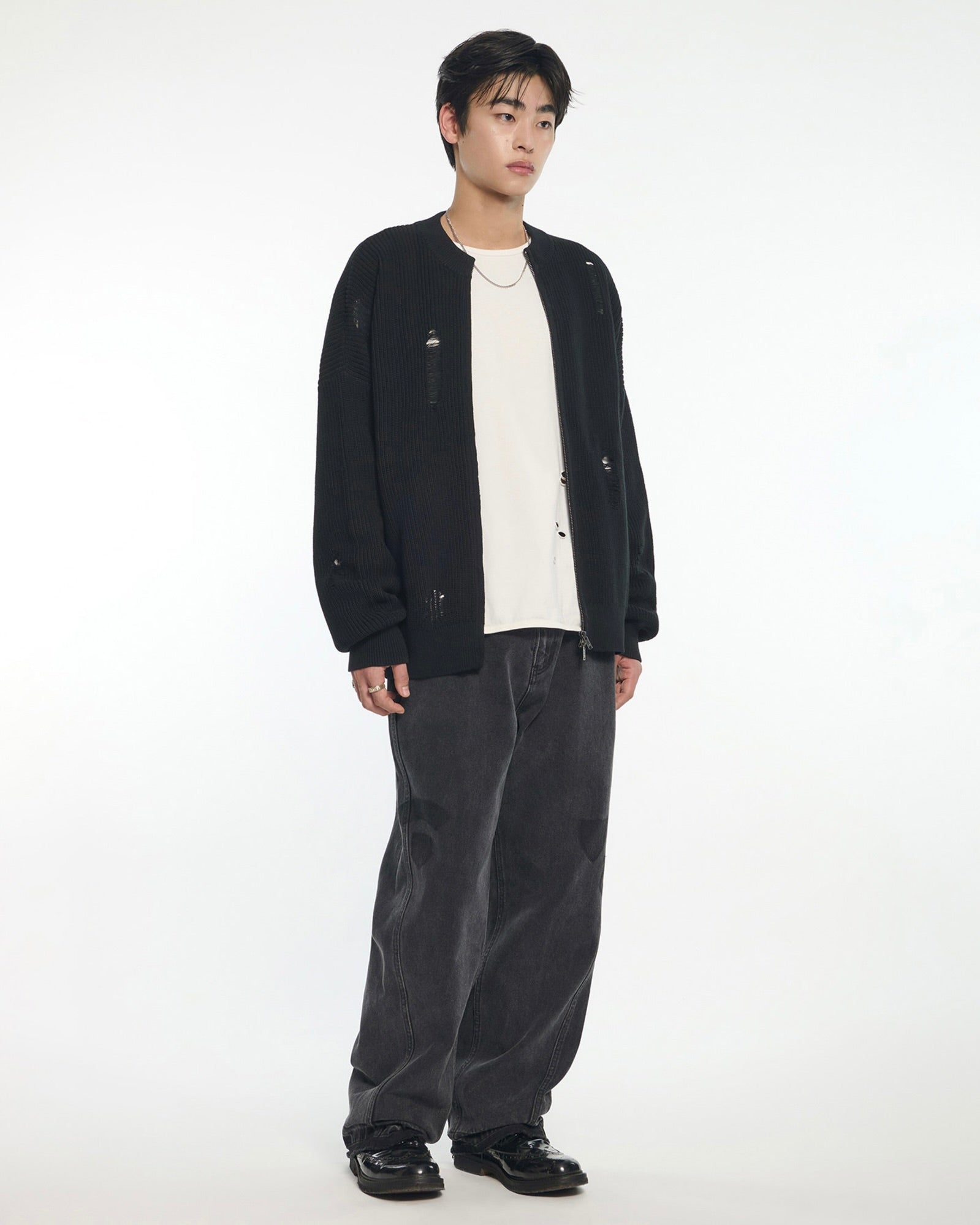 【NOMANUAL】DESTROYED KNIT ZIP-UP