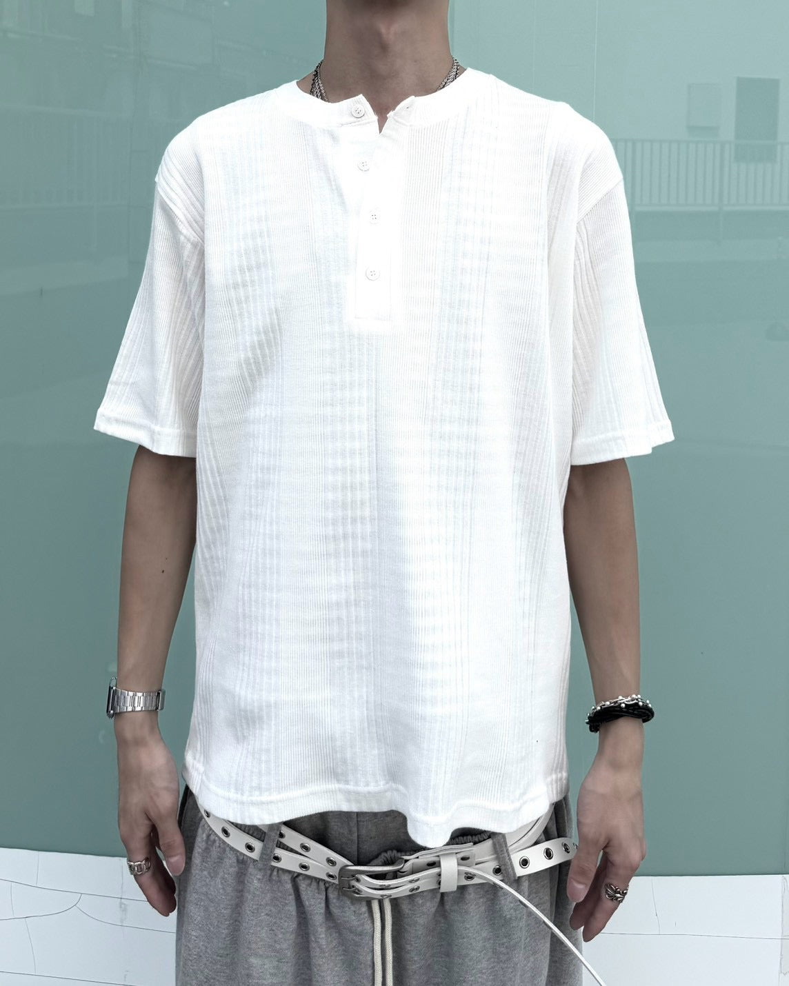 受注制【nmtc+】Ribbed Henley Neck Tee (3color)