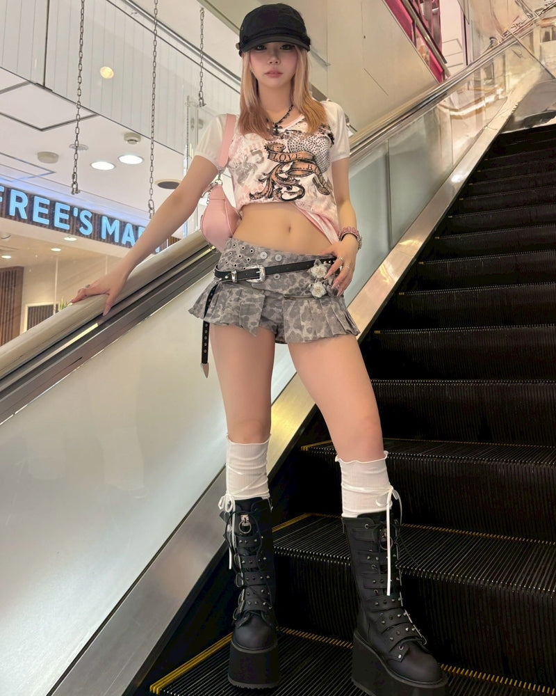 国際配送【BABY09】leopard pleated belt shorts