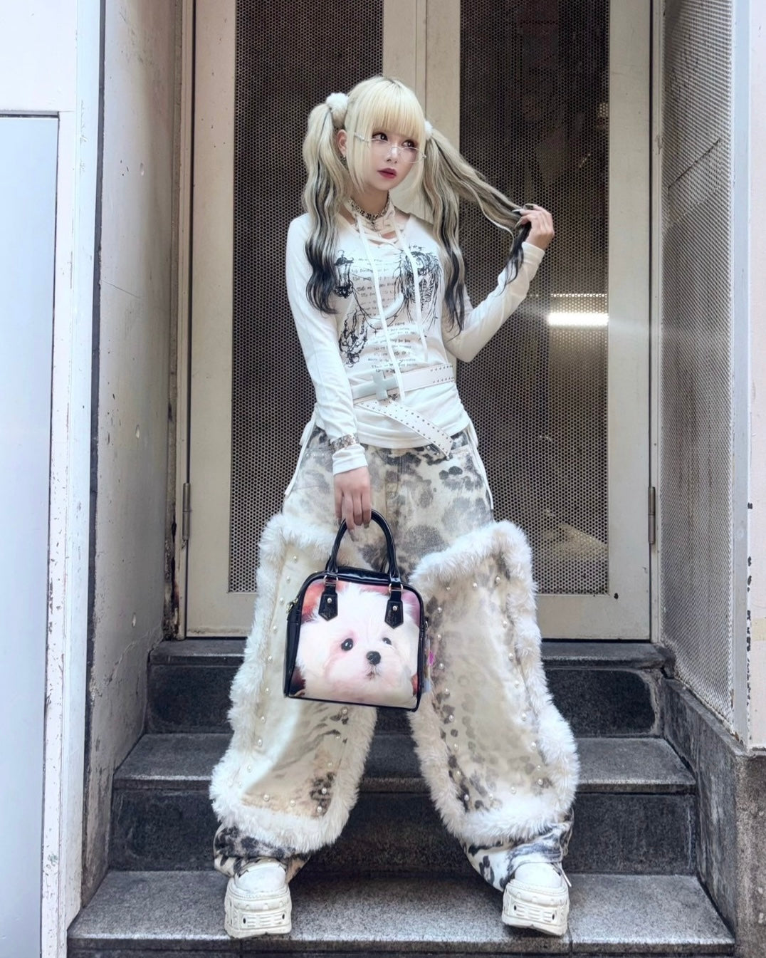 国際配送【BABY09】leopard fur patchwork pants
