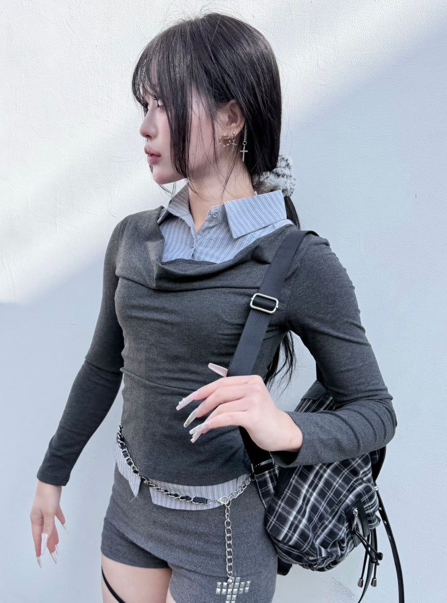 3/1 20:00発売 受注制【nmtc +】draep layered shirts / 【エヌエムティーシープラス】ドレープレイヤード長袖Tシャツ (2color)