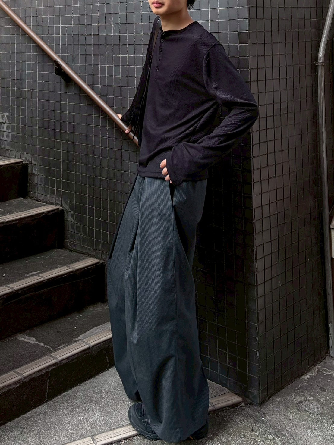 東京店WEB限定受注制【Chikashitsu +】rib knit henry neck tee (3color)