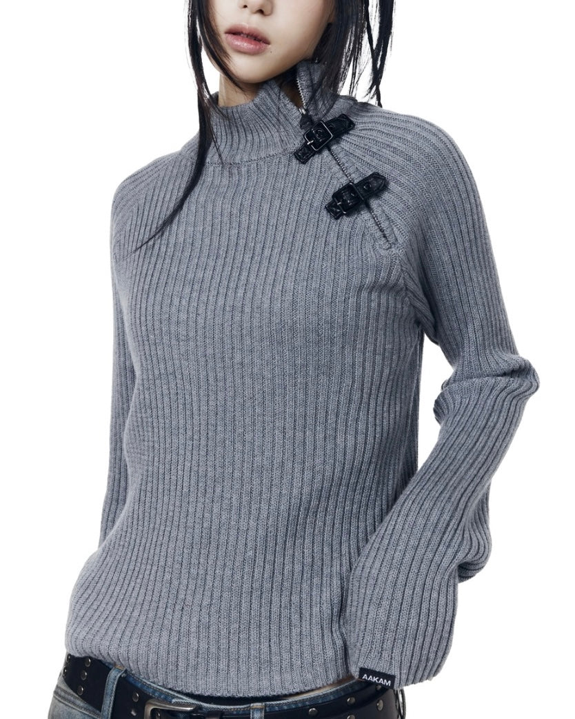 【AAKAM】Slant Zipper Belted Knit