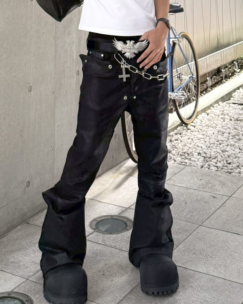 国際配送【Never mind the XU】coating black bell bottom flare pants