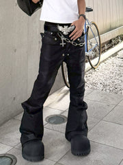国際配送【Never mind the XU】coating black bell bottom flare pants