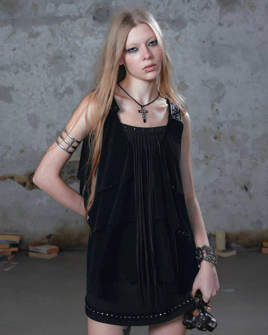 【Cest Nous】Black Tassel Layered Cake Slip Dress