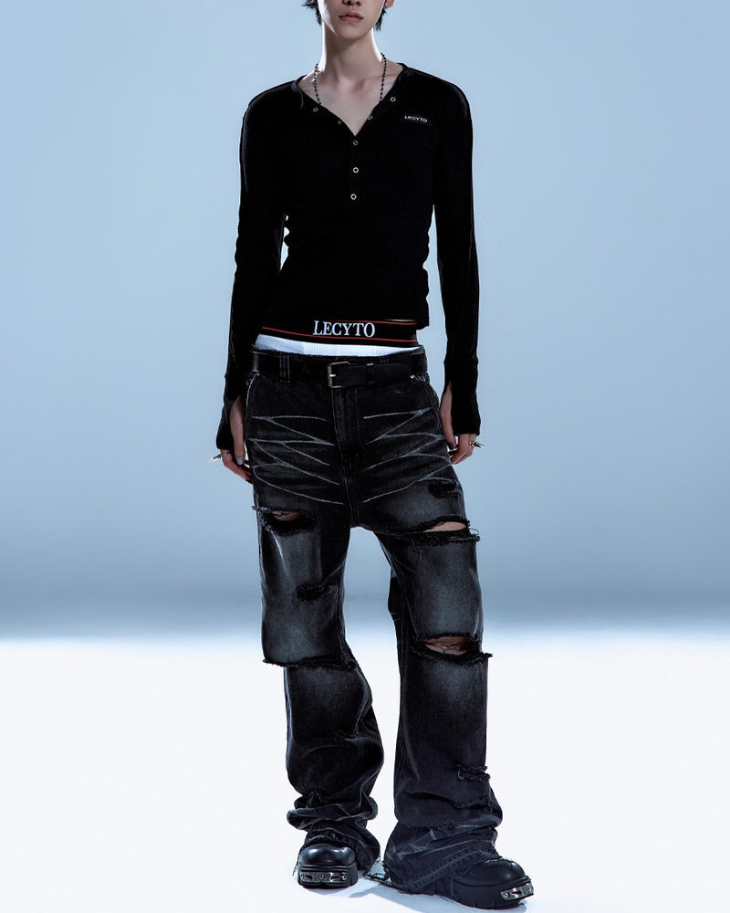 【LECYTO】Henley Neck Waffle Slim T-shirt