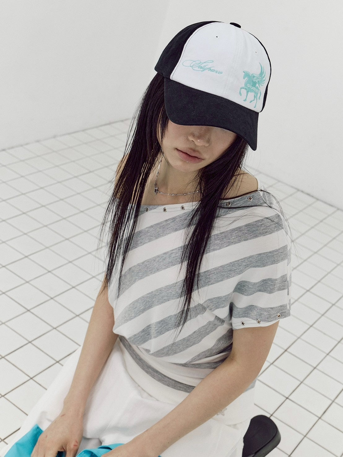 【SETUP-EXE】STRIPE EYELET DRAPE TOP