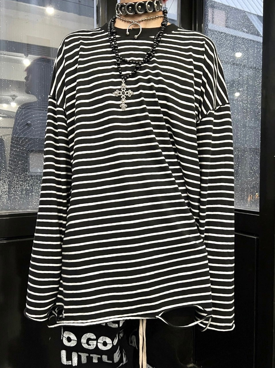 受注制【Never mind the XU】stripe damage long sleeve tee