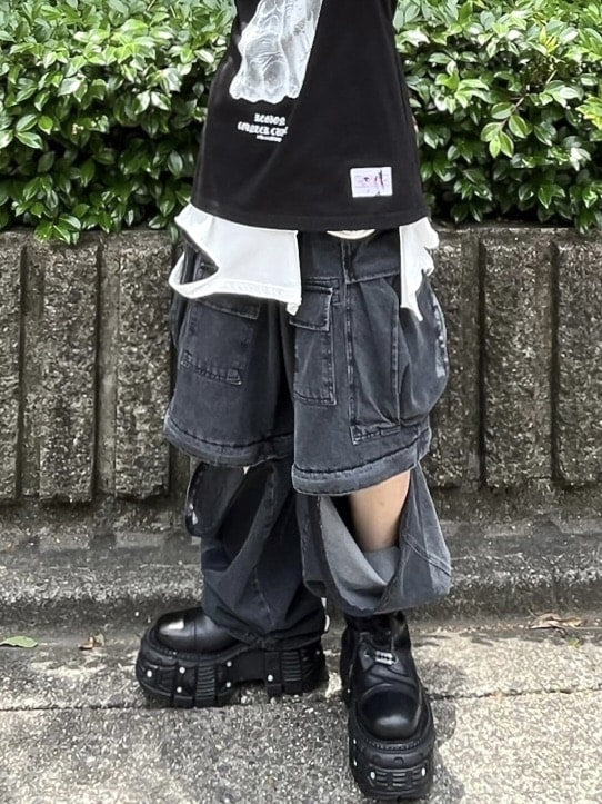 受注制【Never mind the XU】2way denim wide cargo pants (2color)