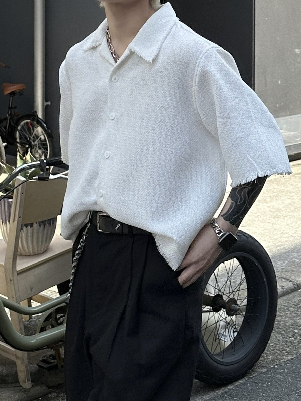 大阪店WEB限定受注制【Chikashitsu +】tweed cropped shirt (2color)