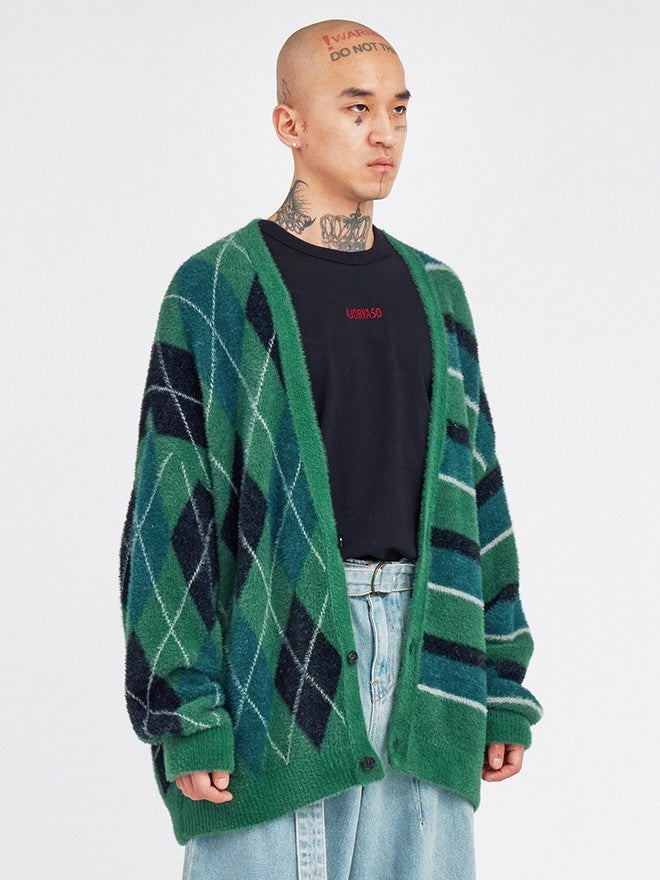 【AJOBYAJO】Argyle Stripe Mixed Cardigan / 【アジョバイアジョ】アーガイルストライプボーダーミックス長袖カーディガン