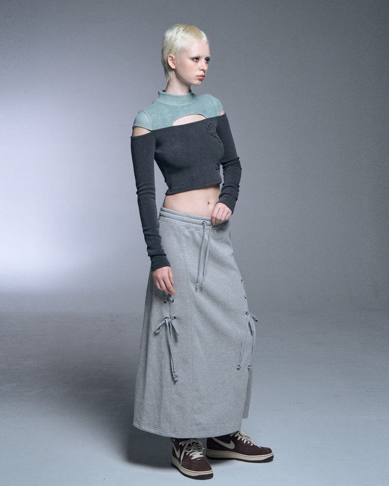 【SETUP‐EXE】TWO-TONE SLEEVE SLIT CROP TOP
