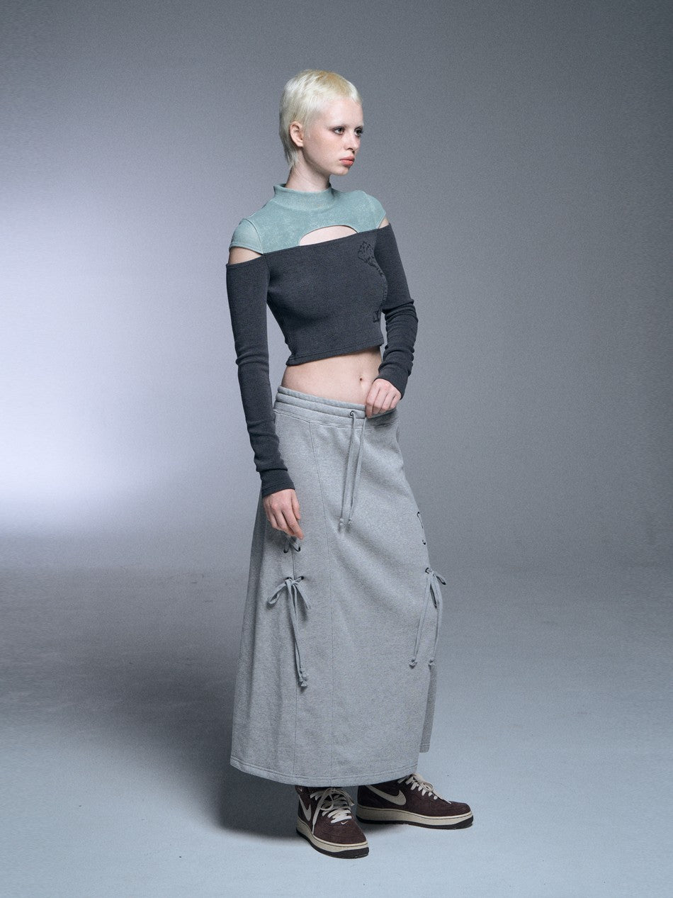 【SETUP‐EXE】TWO-TONE SLEEVE SLIT CROP TOP